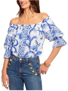 Ramy Brook Lula Off The Shoulder Top In Spring Navy Positano Puff Sleeve Size XS
